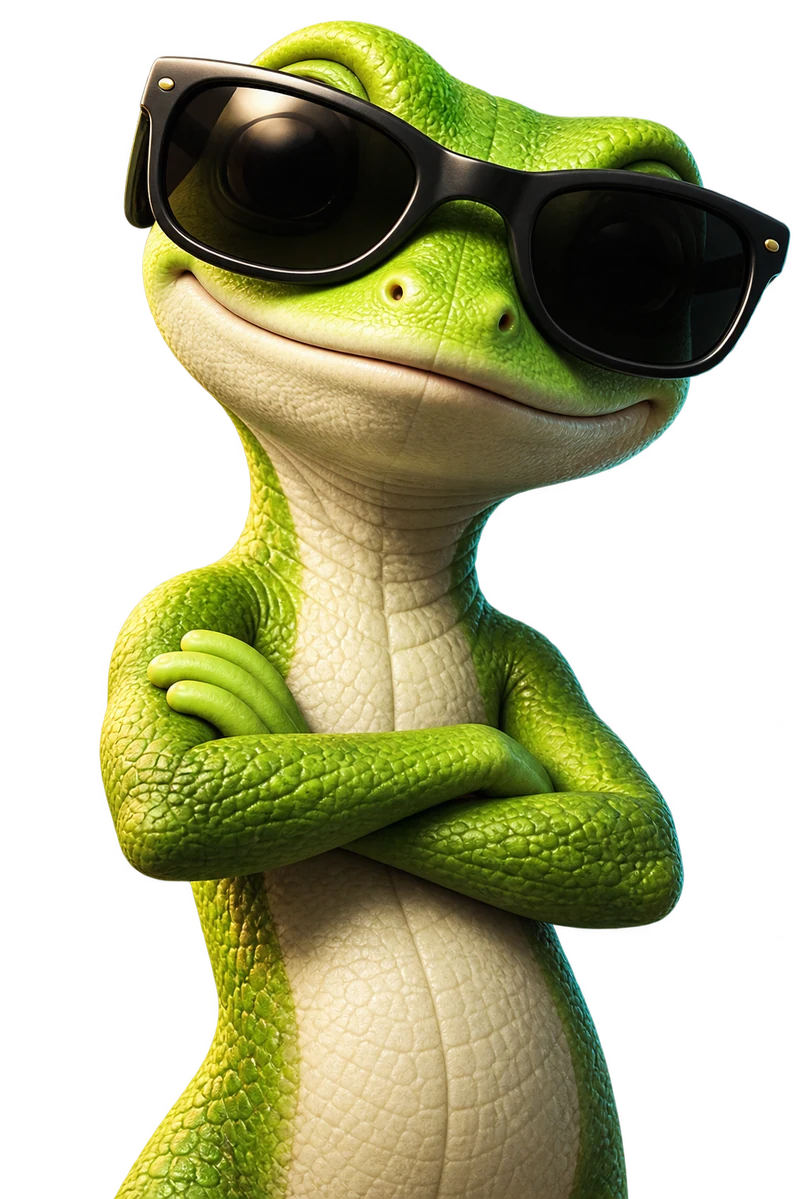 Gecko verde de Adgecko con gafas de sol y los brazos cruzados